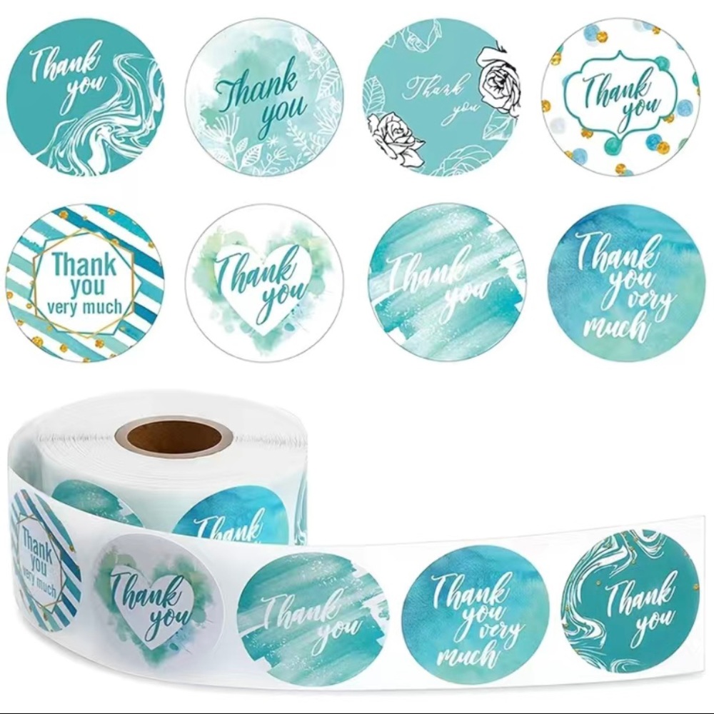 500pcs Thank You Stickers, Aqua Fresh Patterns Round Stickers; New!